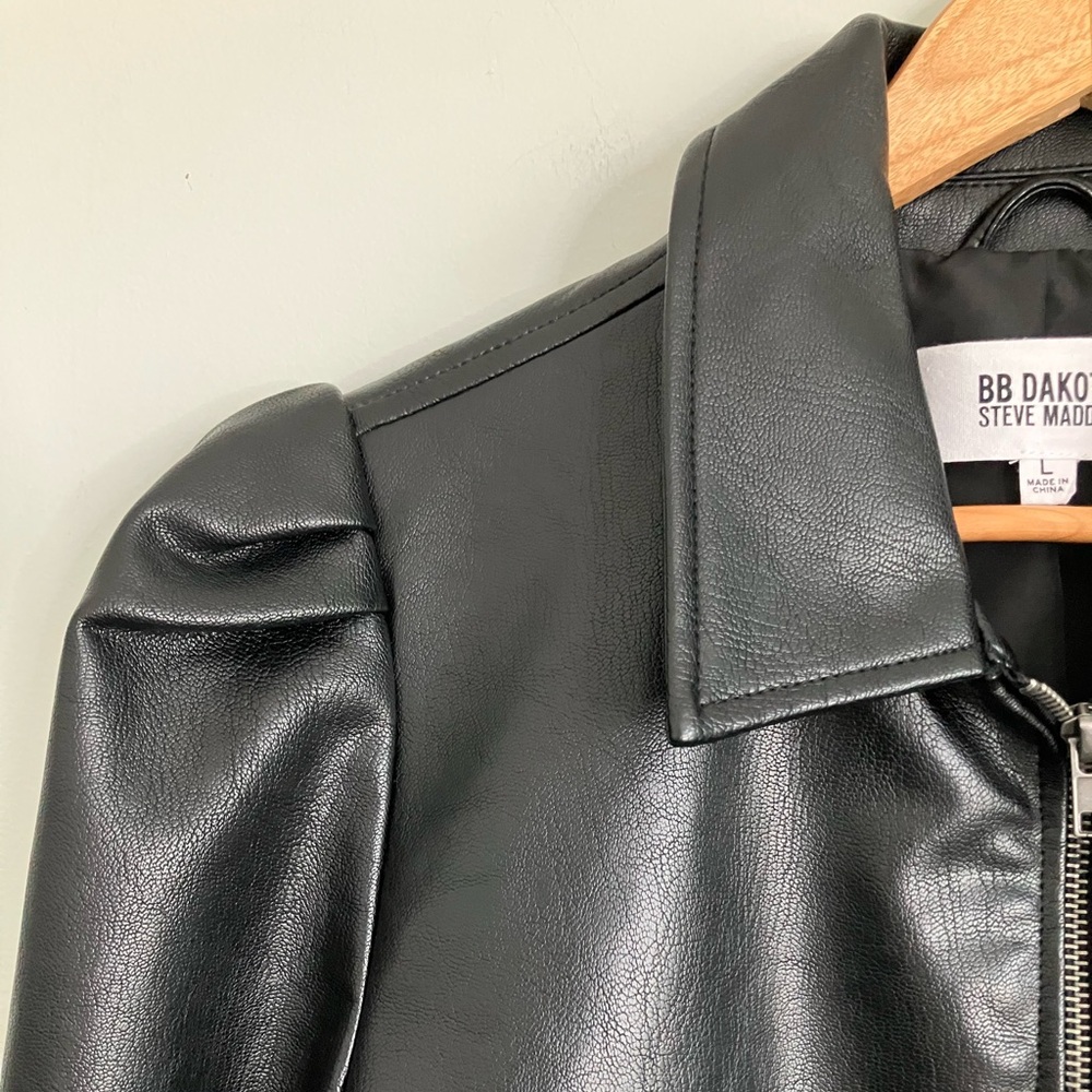 BB DAKOTA Steve Madden Black Faux Leather Puff Sleeve Bomber Jacket Size L - Picture 2 of 11
